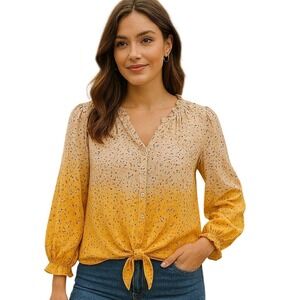 Zack &‎ Rachel Tie-Front Blouse Ruffle Neck Long Sleeve Yellow Ombre Print XL